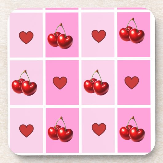 Custom Cherry Heart Checkerboard Pattern Getränkeuntersetzer (Vorderseite)