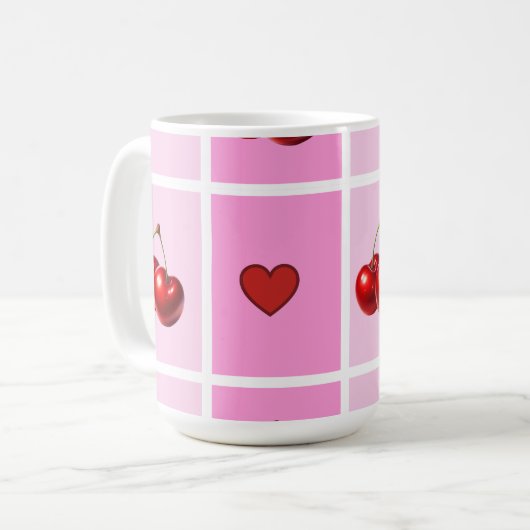 Custom Cherry Heart Checkerboard Pattern Kaffeetasse (Vorderseite Links)