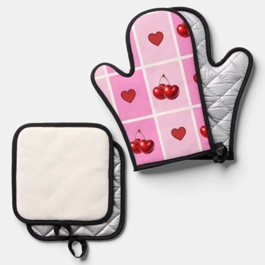 Custom Cherry Heart Checkerboard Pattern Ofenhandschuh & Topflappen-Set (Vorderseite/Rückseite)