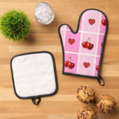 Custom Cherry Heart Checkerboard Pattern Ofenhandschuh & Topflappen-Set (Oben Unten)