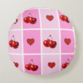 Custom Cherry Heart Checkerboard Pattern Rundes Kissen