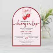 Custom Cherry on top Coquette Pink Bow Baby Dusche Einladung (Stehend Vorderseite)