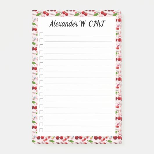 Custom Cherry Pharmacy Tech Karo List Post it Post-it Klebezettel (Vorderseite)