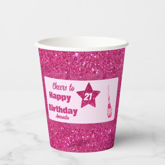 Custom Chic Pink Glitzer Cheers 21 Happy Birthday Pappbecher (Vorderseite)