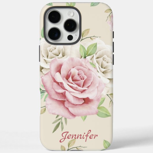 Custom Chic White Pink Roses Green Blätter Floral Case-Mate iPhone Hülle (Rückseite)