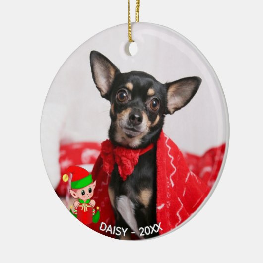 Custom Chihuahua Dog Foto mit Niedlichem Elf Keramik Ornament (Links)