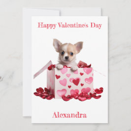 Custom Chihuahua Pup Pink Hearts on Box Valentine Feiertagskarte