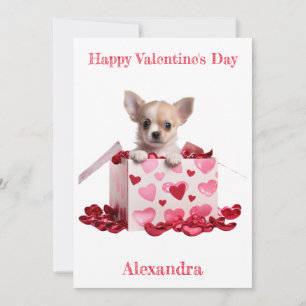 Custom Chihuahua Pup Pink Hearts on Box Valentine Feiertagskarte