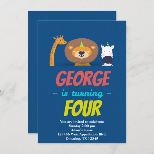 Custom Child Lion Giraffe Zebra Cartoon Einladung (Vorne/Hinten)