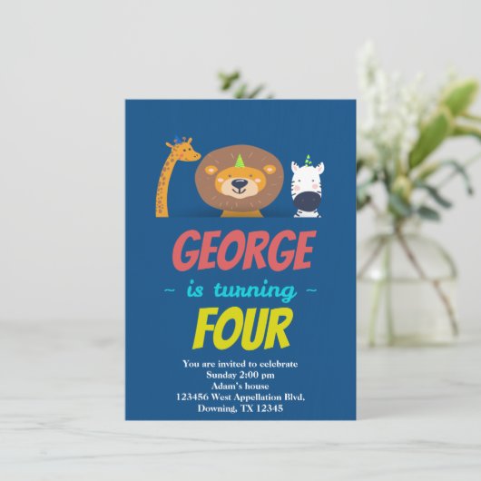 Custom Child Lion Giraffe Zebra Cartoon Einladung (Stehend Vorderseite)