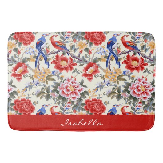 Custom Chinoiserie Asian Floral Pink Blue Red Bird Badematte (Vorderseite)