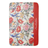 Custom Chinoiserie Asian Floral Pink Blue Red Bird Badematte (Vorderseite Vertikal)