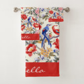 Custom Chinoiserie Asian Floral Pink Blue Red Bird Badhandtuch Set (Insitu)