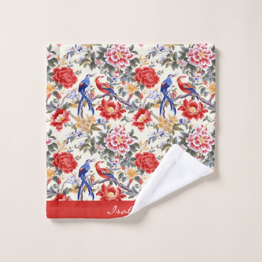Custom Chinoiserie Asian Floral Pink Blue Red Bird Badhandtuch Set (Waschlappen)