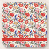 Custom Chinoiserie Asian Floral Pink Blue Red Bird Getränkeuntersetzer (Vorderseite)