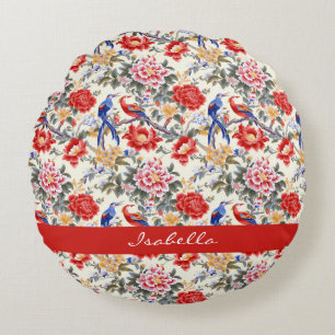 Custom Chinoiserie Asian Floral Pink Blue Red Bird Rundes Kissen