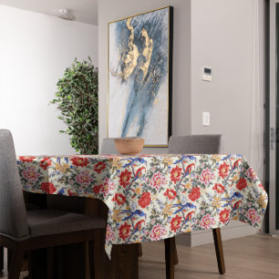 Custom Chinoiserie Asian Floral Pink Blue Red Bird Tischdecke