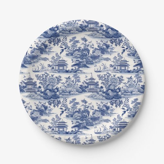 Custom Chinoiserie Muster Pagoda Blau Pappteller (Vorderseite)
