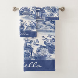 Custom Chinoiserie Muster Pagoda Blau Weiß Badhandtuch Set