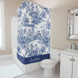 Custom Chinoiserie Muster Pagoda Blau Weiß Duschvorhang