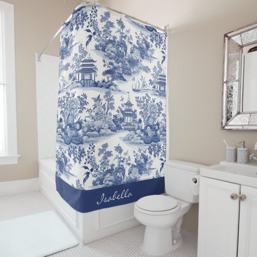Custom Chinoiserie Muster Pagoda Blau Weiß Duschvorhang (Beispiel)