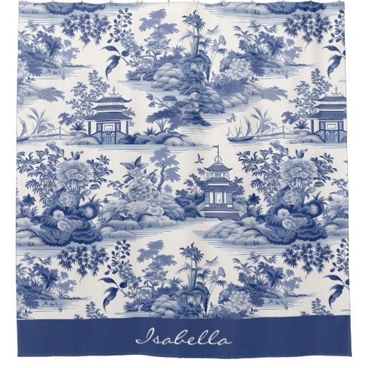 Custom Chinoiserie Muster Pagoda Blau Weiß Duschvorhang (Vorderseite)