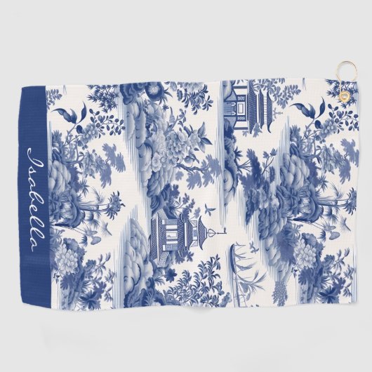 Custom Chinoiserie Muster Pagoda Blau Weiß Golfhandtuch (Horizontal)