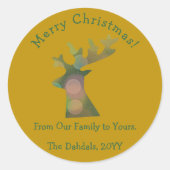 Custom Christmas Bokeh Reindeer Head Green & Gold Runder Aufkleber (Vorderseite)