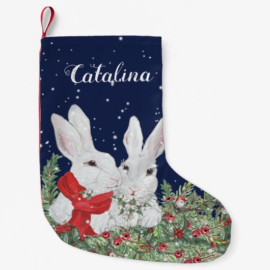 Custom Christmas Bunny Rabbit Greenery Snow Einzig Kleiner Weihnachtsstrumpf (Vorderseite)