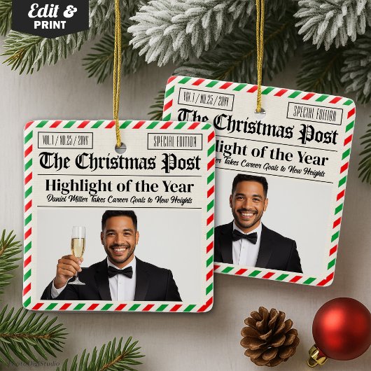 Custom Christmas Celebrate Achievement Newspaper  Keramikornament