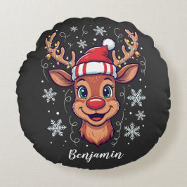 Custom Christmas Cheer Cute Reindeer in Hat Rundes Kissen