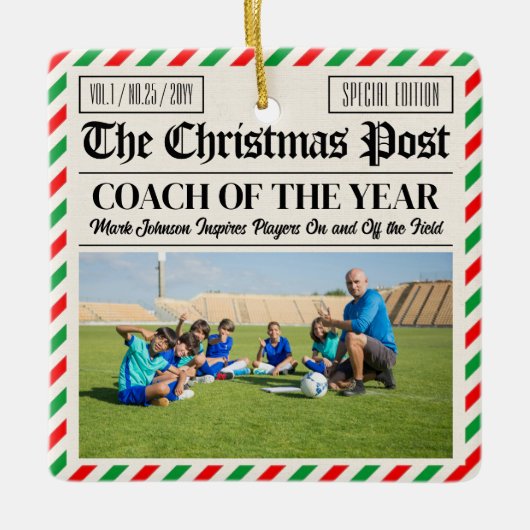 Custom Christmas Coach Gift Sports Newspaper Coach Keramikornament (Vorderseite)