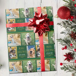 Custom Christmas Dog Foto Collage Green Pet Besitz Geschenkpapier<br><div class="desc">Dieses niedliche,  moderne Merry Weihnachtsverpackungspapier zeichnet sich durch ein elegantes Layout von 4 Hundeschlitten-Fotos auf weißem Hintergrund mit hübscher Goldtypografie und festlichem Grün aus. Dieses wunderschöne Foto Geschenkpacker für den Haustierurlaub beinhaltet die Fotocollage Ihrer eigenen Jungtiere,  die Ihre Nachricht und Ihren Familiennamen umgeben.</div>