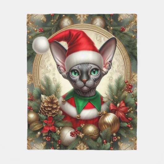Custom Christmas Elf Sphynx Cat Geschenk Xmas Fleecedecke (Vorderseite)