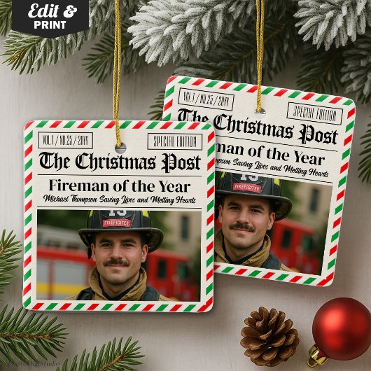 Custom Christmas Firefighter Gift, Fun Newspaper Keramikornament