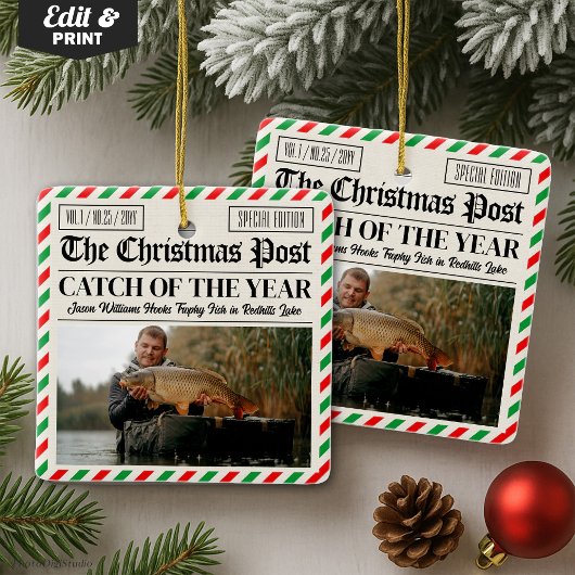 Custom Christmas Fishing Gift, Newspaper Fisherman Keramikornament