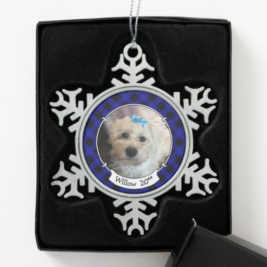 Custom Christmas Foto Blue & Black Kariert Pet Schneeflocken Zinn-Ornament (Box)