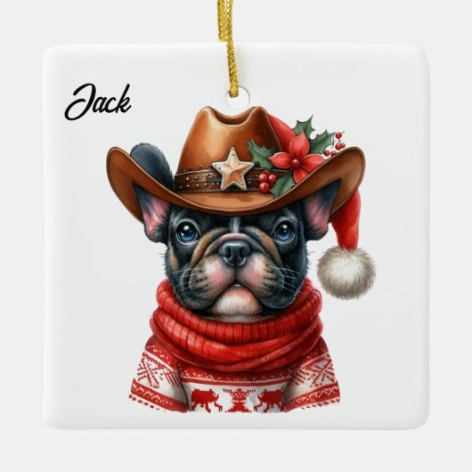 Custom Christmas French Bulldog mit Cowboy Hat Keramikornament (Vorderseite)