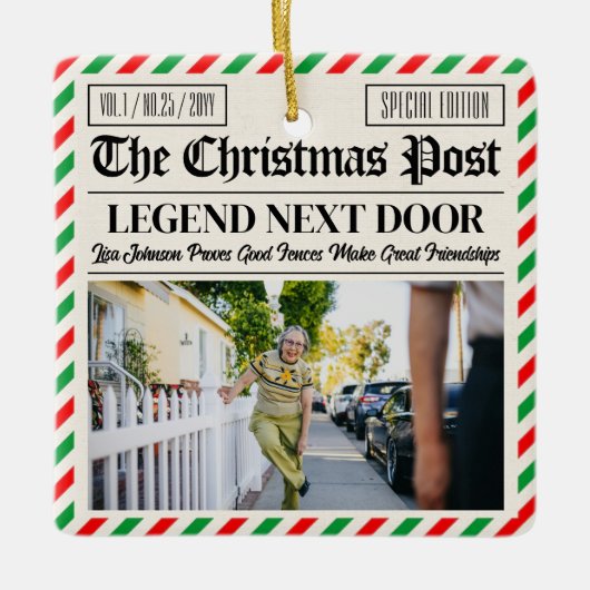 Custom Christmas Gift for Neighbour Fun Newspaper Keramikornament (Vorderseite)