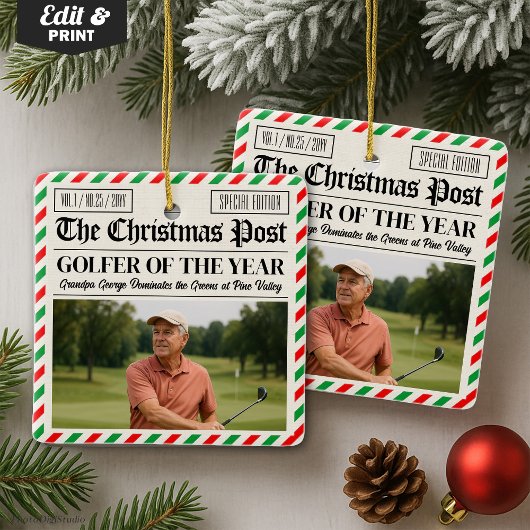 Custom Christmas Golfer Gift, Fun Golf Newspaper  Keramikornament