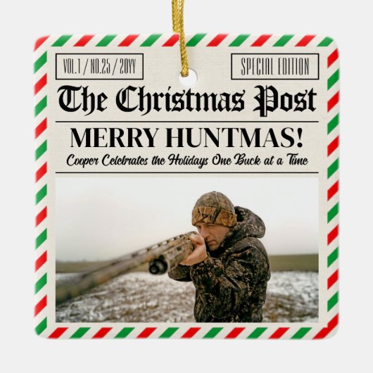 Custom Christmas Hunter Gift Newspaper Outdoorsman Keramikornament (Vorderseite)