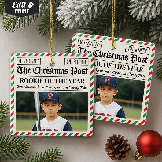 Custom Christmas Newspaper Rookie of the Year Keramikornament