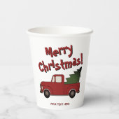 Custom Christmas party cup with red truck and tree Pappbecher (Rückseite)