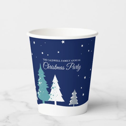Custom Christmas Party Winter Trees Blue Pappbecher (Vorderseite)