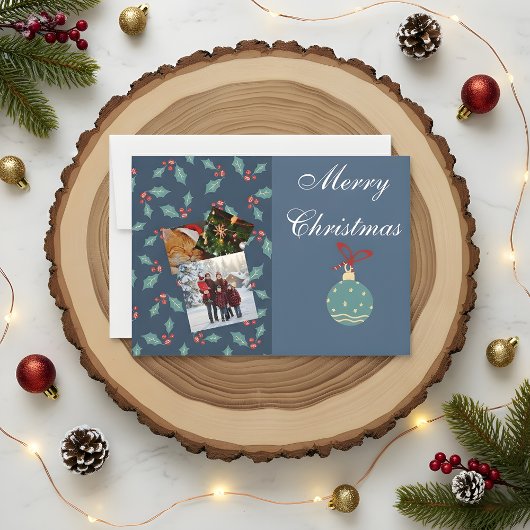 Custom Christmas Photo Card with Family & Cat  Dankeskarte
