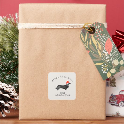 Custom Christmas red gray santa dachsund Quadratischer Aufkleber (Feiertag)