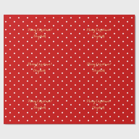 Custom Christmas Red Imitate Gold Script Polka Dot Geschenkpapier (Flach)