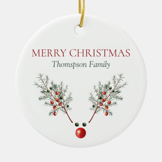 Custom Christmas Red Nosed Rentier Pine Berries Keramik Ornament (Vorne)