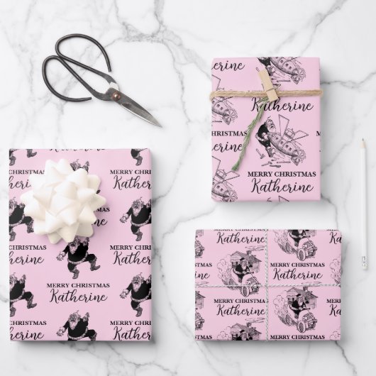 Custom Christmas Vintag Funny Santa Pink Geschenkpapier Set (Vorderseite)