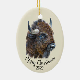 Custom Christmas Watercolor Bison Buffalo Tier Keramik Ornament